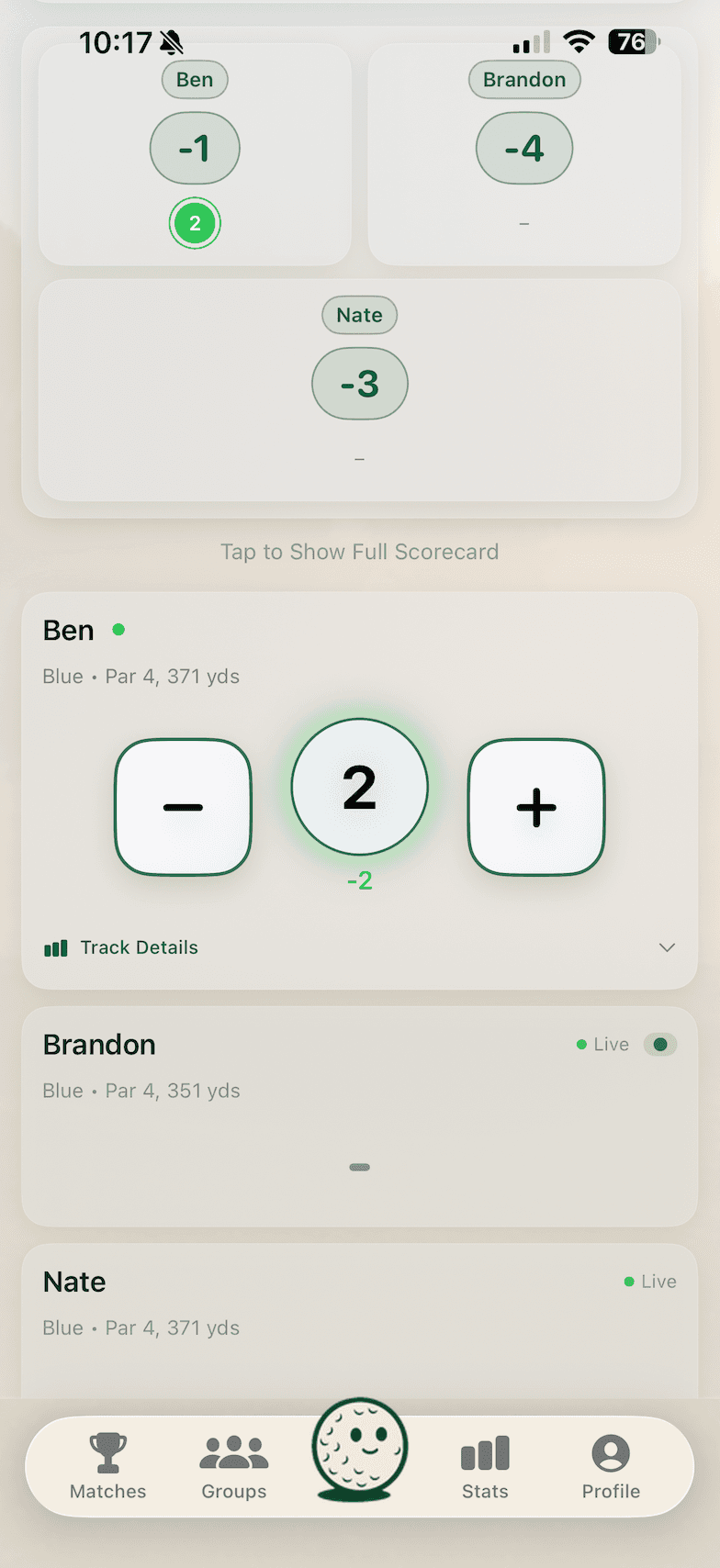 All Square live group scoring with three connected golfers