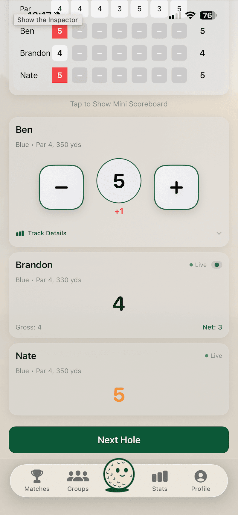 All Square simple live score entry for three golfers