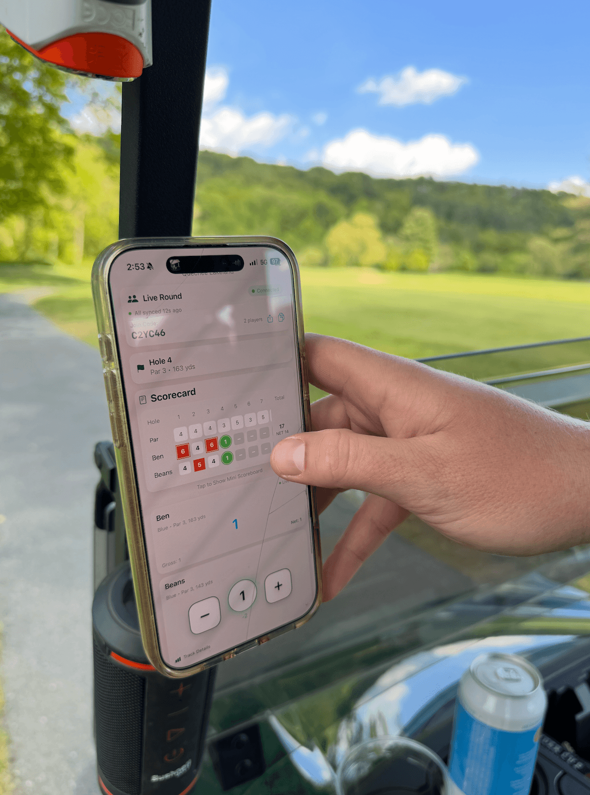 All Square live scoring being used from a golf cart on the course