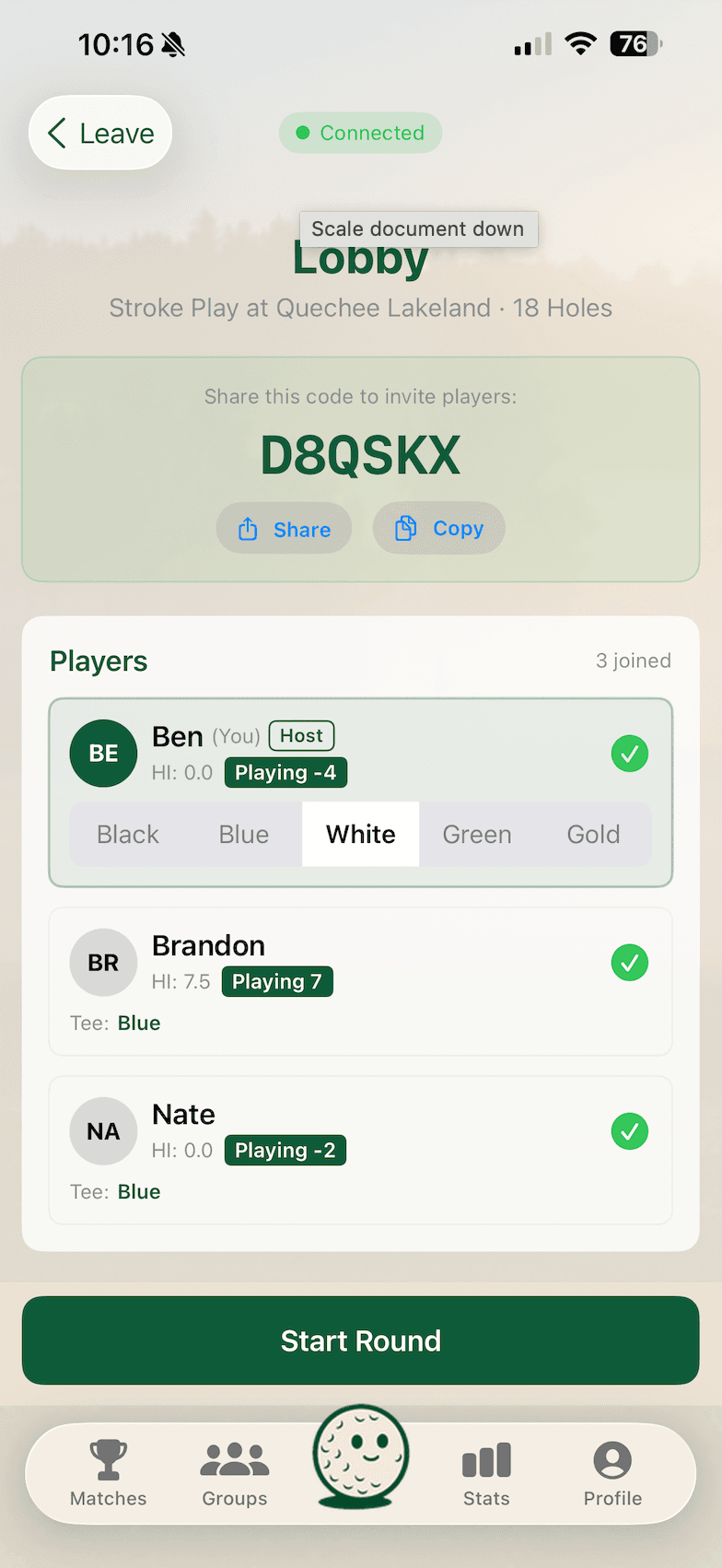 All Square round lobby where golfers join a group before playing