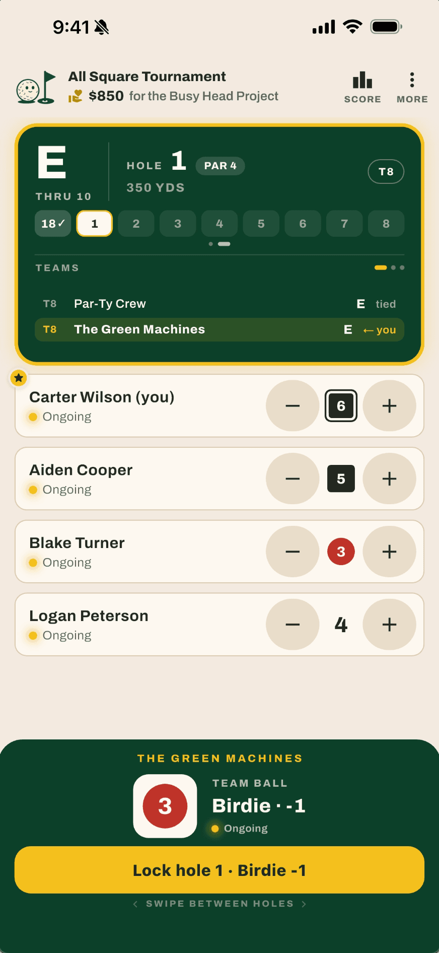 All Square tournament screen showing live team standings and score entry