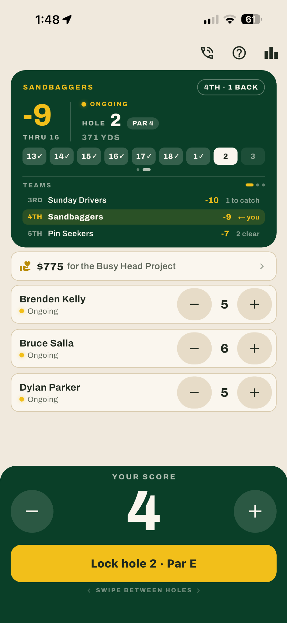 All Square Golfer View showing live team standings and hole-by-hole score entry