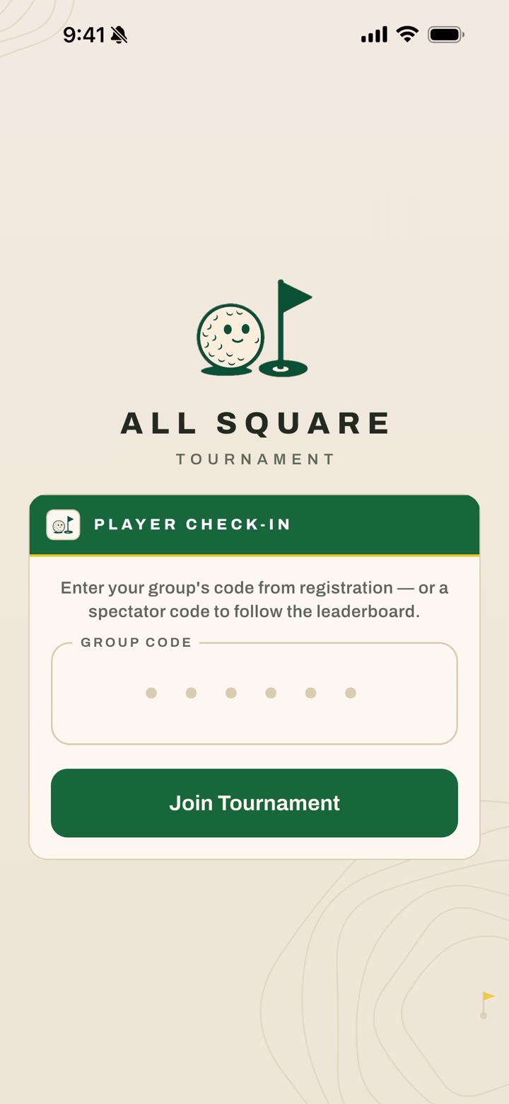 All Square tournament code entry and player onboarding